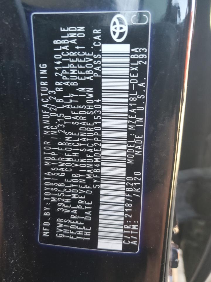 2023 TOYOTA COROLLA LE VIN:5YFB4MDE2PP015304
