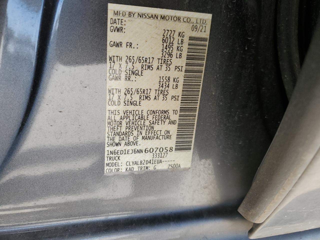 2022 NISSAN FRONTIER S VIN:1N6ED1EJ6NN607058