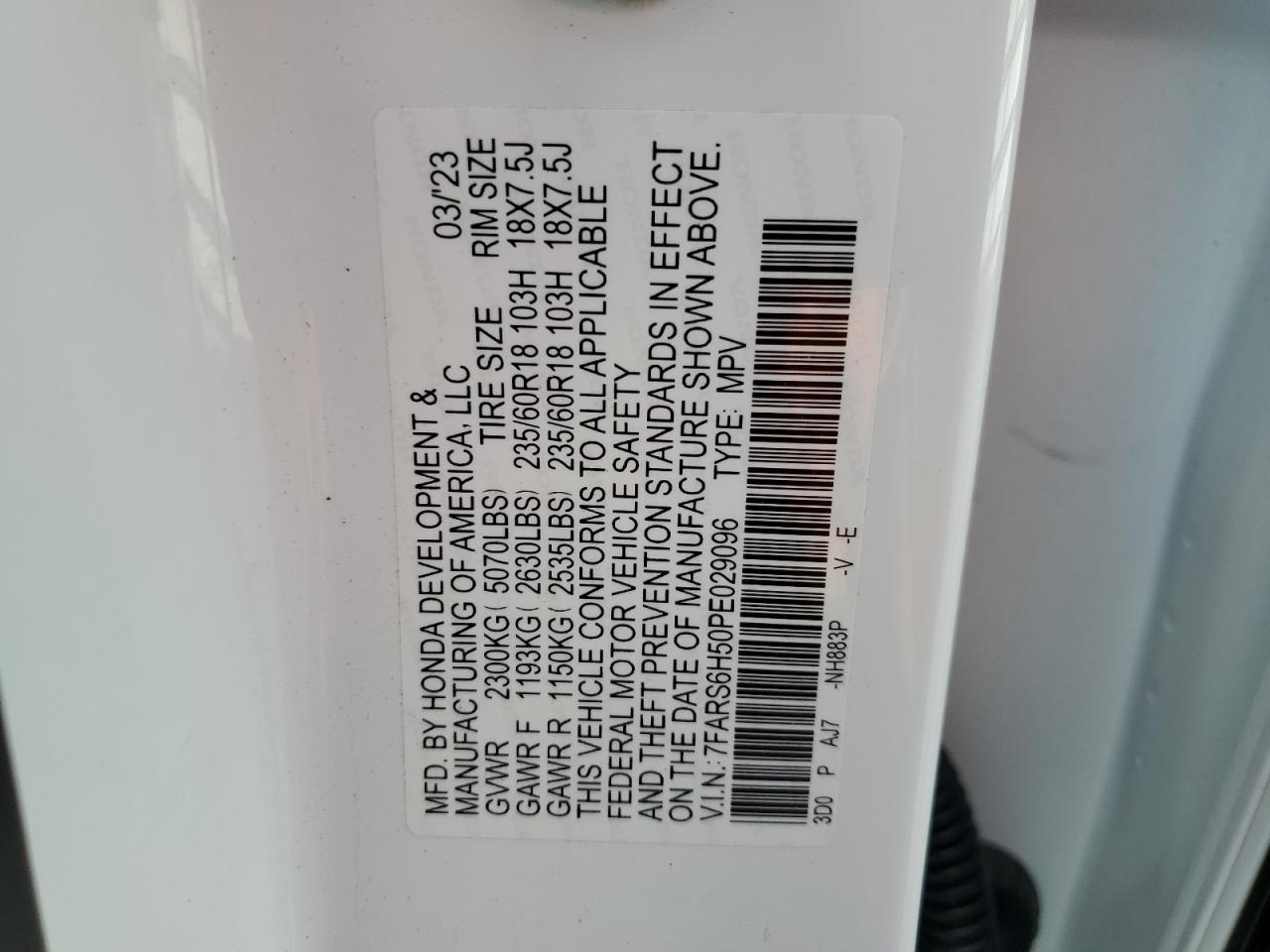 2023 HONDA CR-V SPORT VIN:7FARS6H50PE029096
