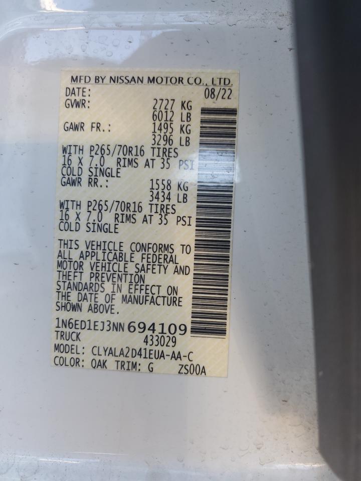 2022 NISSAN FRONTIER S VIN:1N6ED1EJ3NN694109