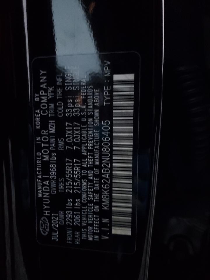 2022 HYUNDAI KONA SEL VIN:KM8K62AB2NU806405