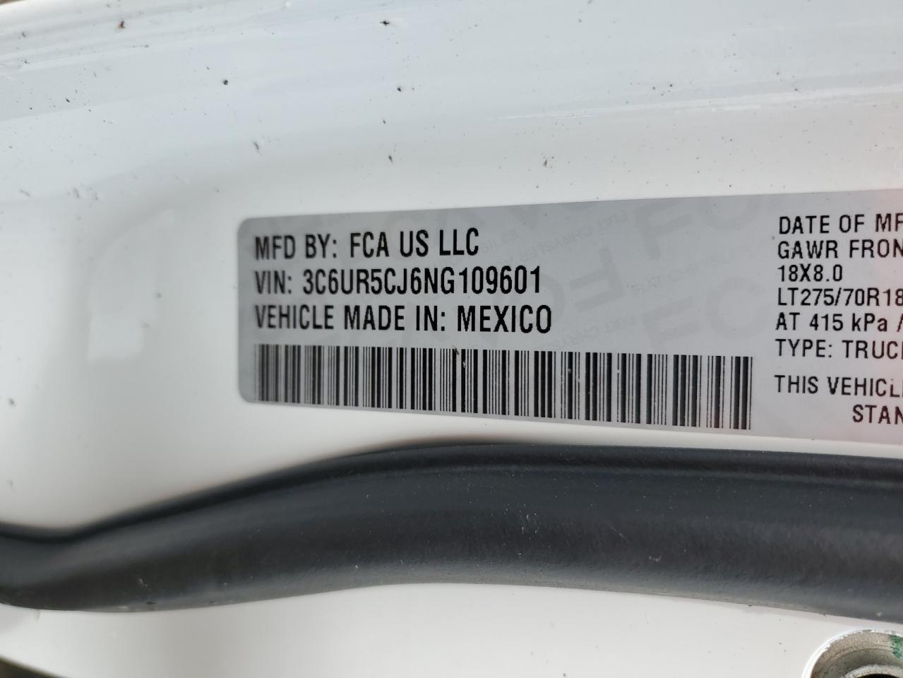 2022 RAM 2500 TRADESMAN VIN:3C6UR5CJ6NG109601