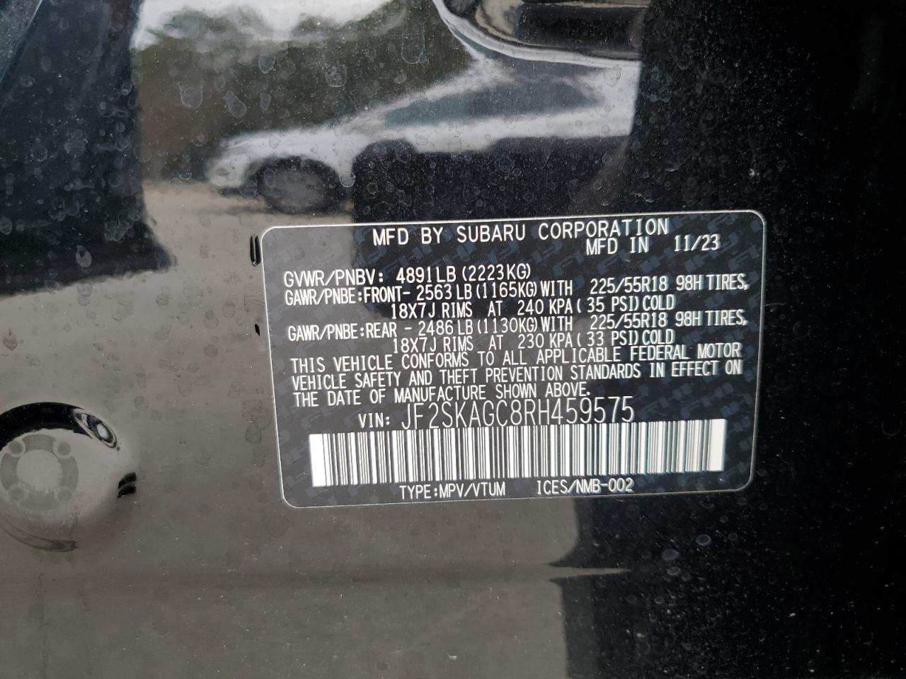 2024 SUBARU FORESTER SPORT VIN:JF2SKAGC8RH459575