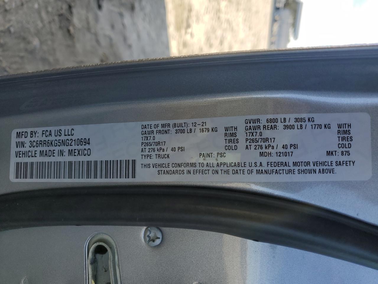 2022 RAM 1500 CLASSIC TRADESMAN VIN:3C6RR6KG5NG210694