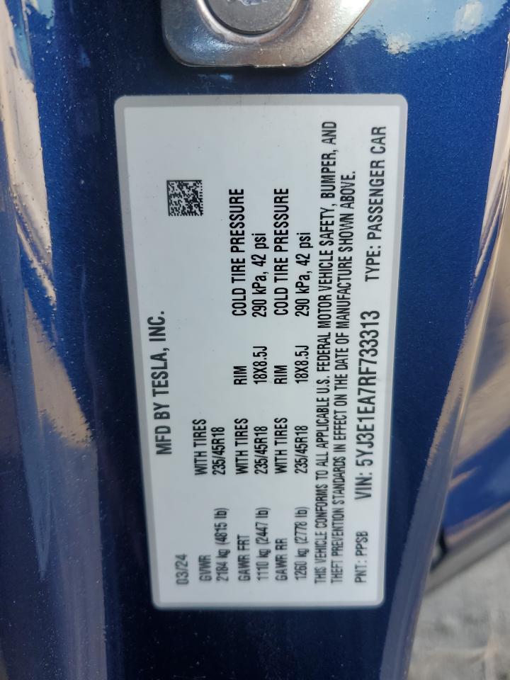 2024 TESLA MODEL 3  VIN:5YJ3E1EA7RF733313