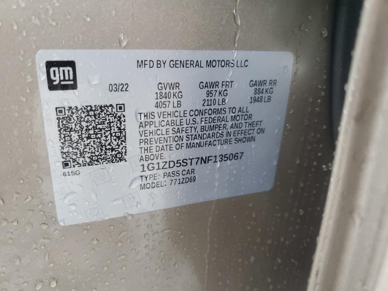 2022 CHEVROLET MALIBU LT VIN:1G1ZD5ST7NF135067