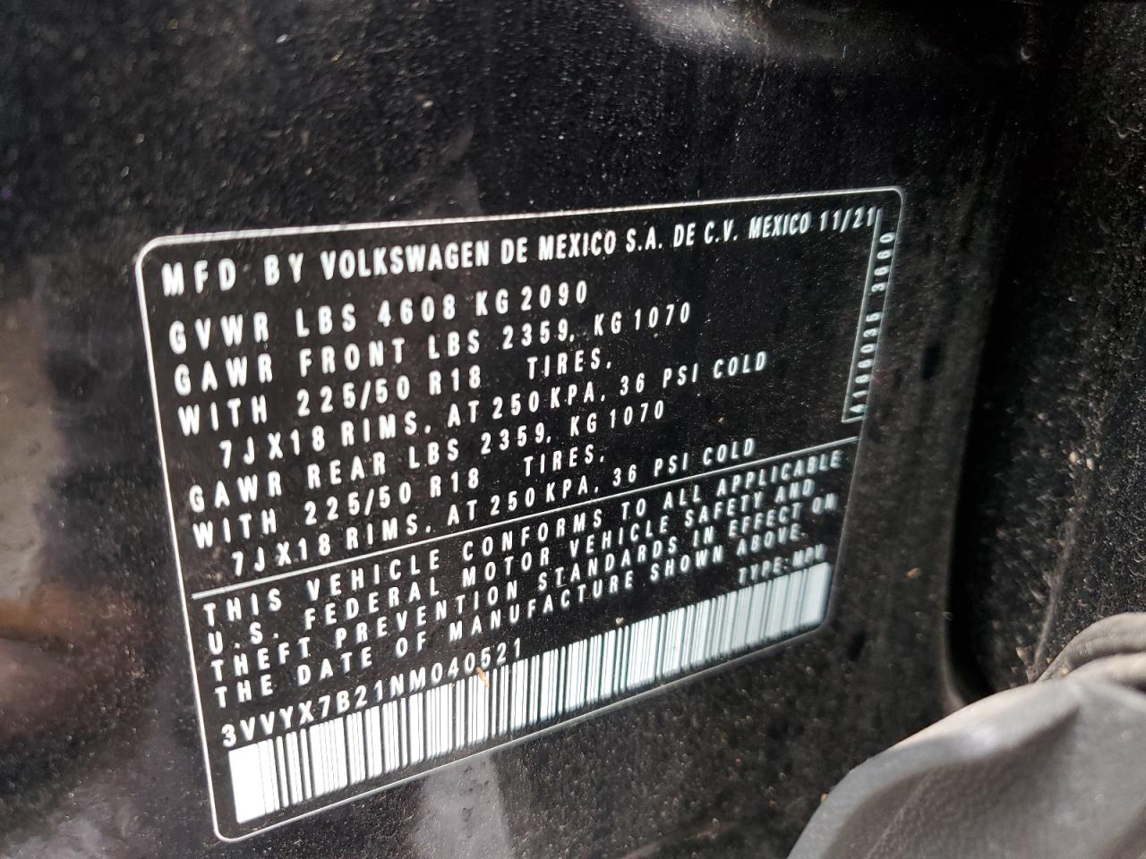2022 VOLKSWAGEN TAOS SE VIN:3VVYX7B21NM040521