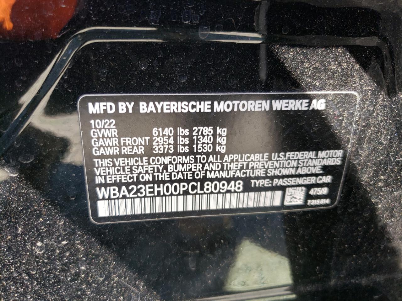 2023 BMW 740 I VIN:WBA23EH00PCL80948