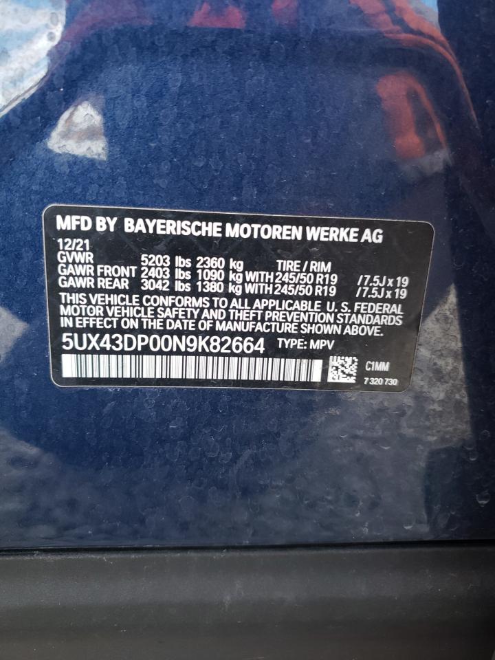 2022 BMW X3 SDRIVE30I VIN:5UX43DP00N9K82664