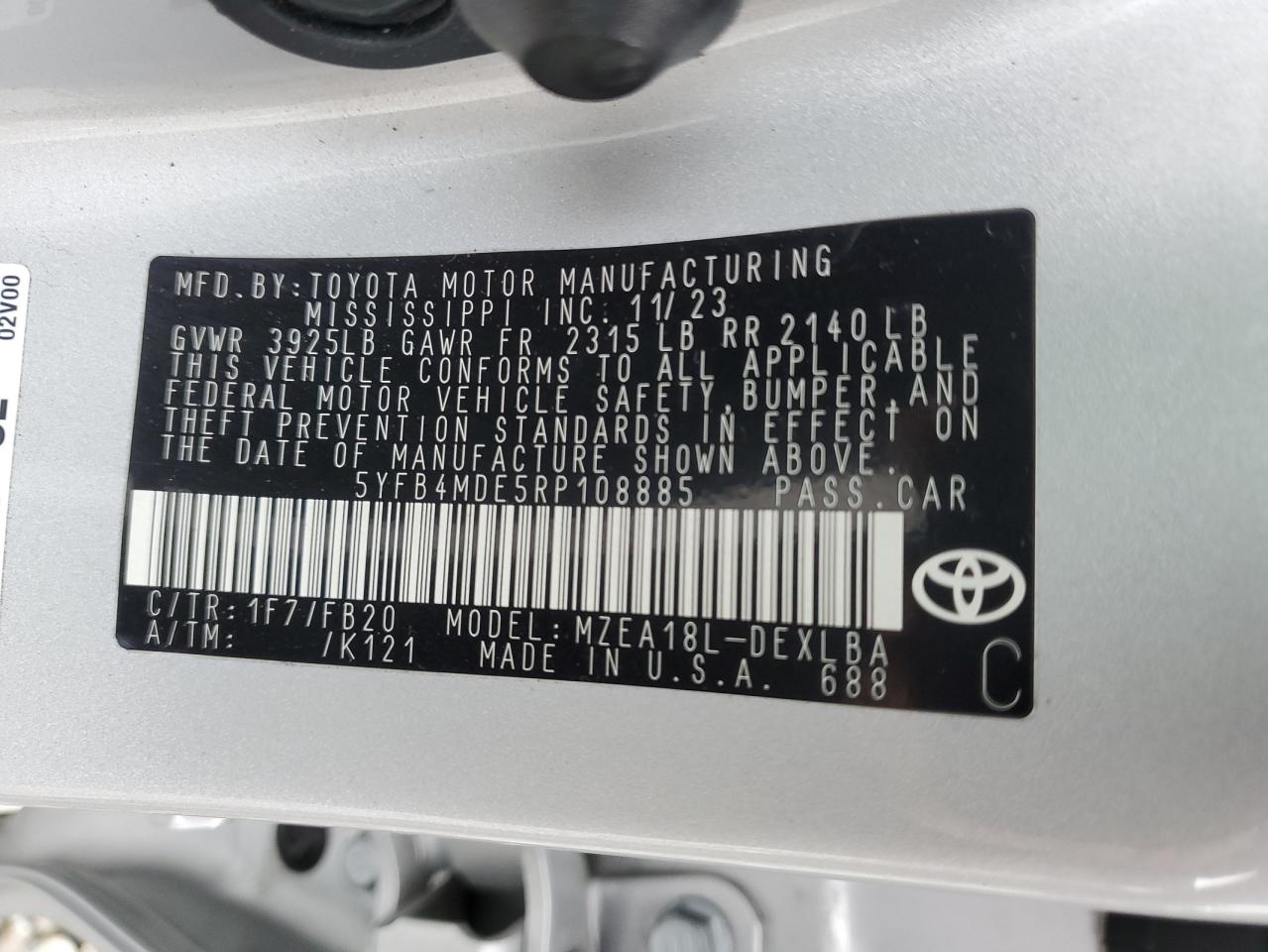 2024 TOYOTA COROLLA LE VIN:5YFB4MDE5RP108885