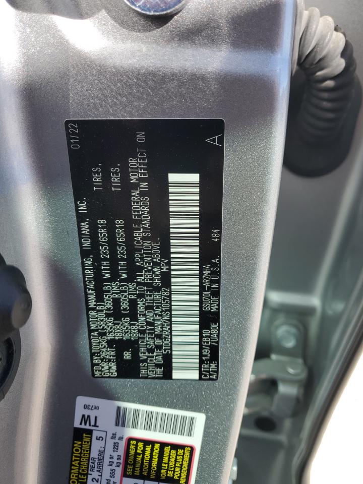 2022 TOYOTA HIGHLANDER XLE VIN:5TDGZRAH7NS105782