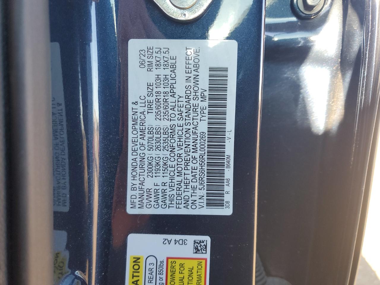 2024 HONDA CR-V SPORT VIN:5J6RS6H56RL000269