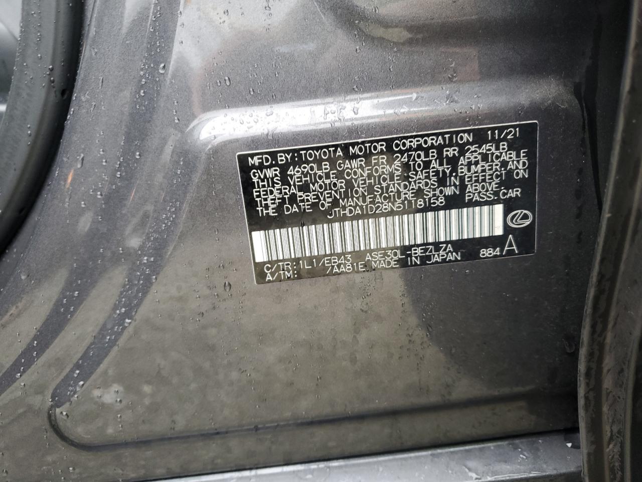 2022 LEXUS IS 300 VIN:JTHDA1D28N5118158