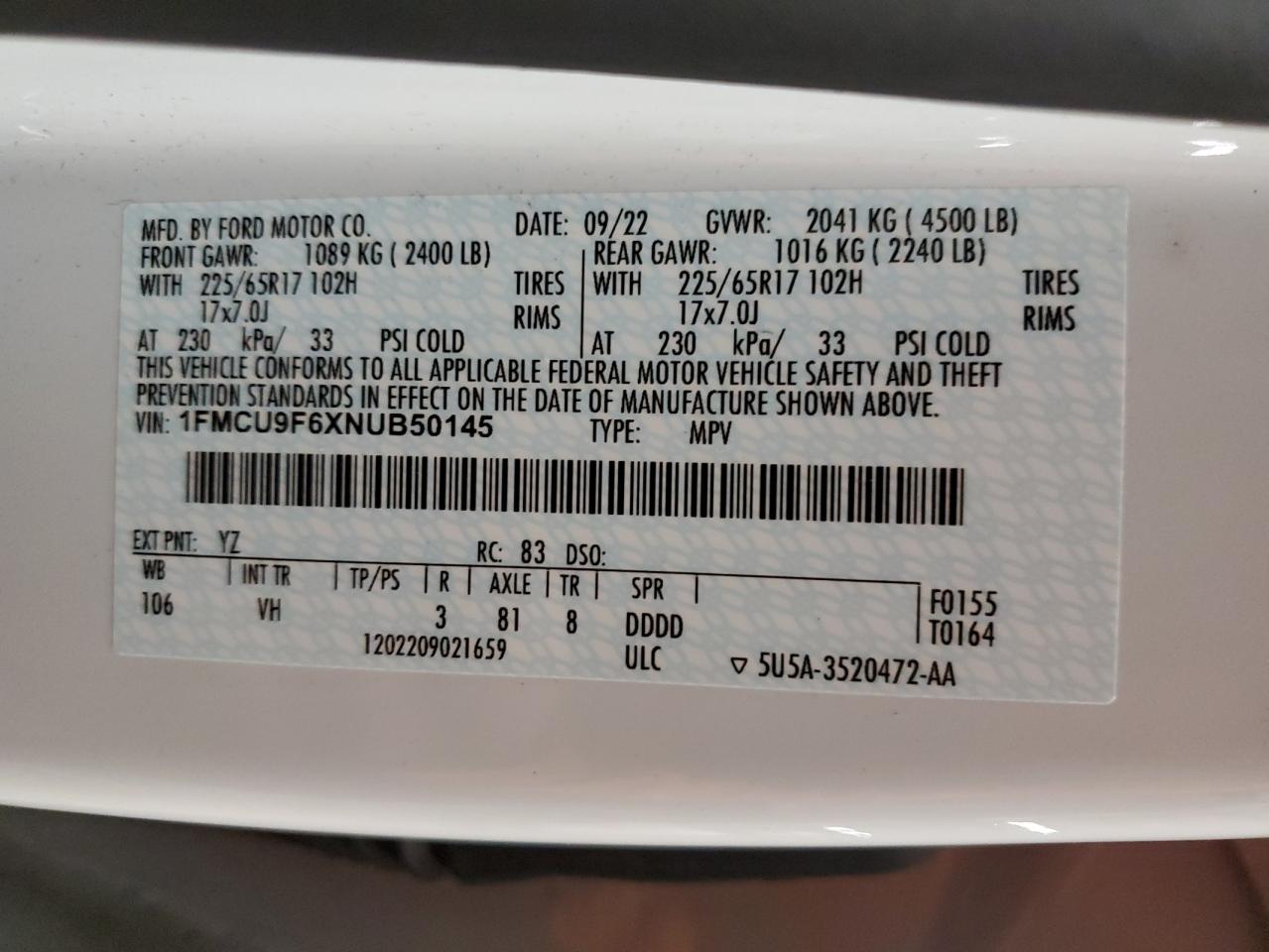 2022 FORD ESCAPE S VIN:1FMCU9F6XNUB50145