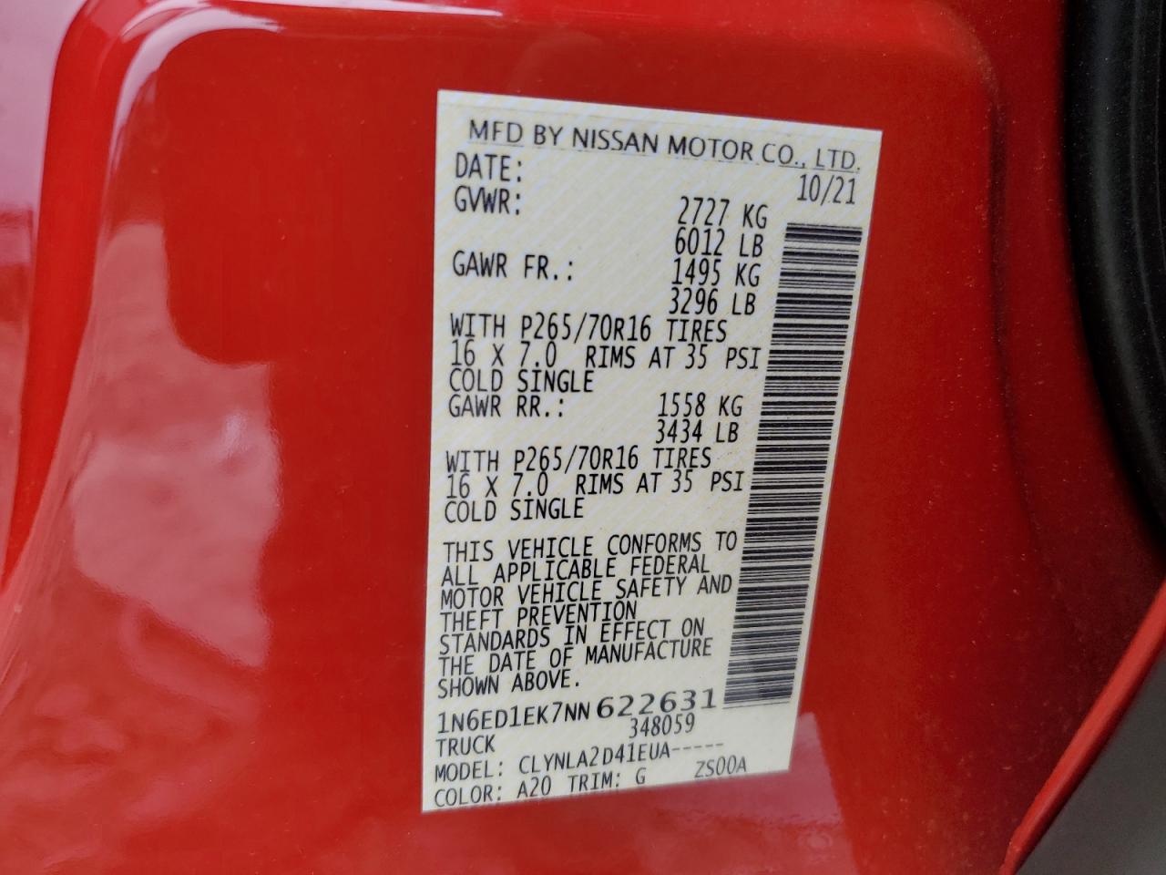 2022 NISSAN FRONTIER S VIN:1N6ED1EK7NN622631