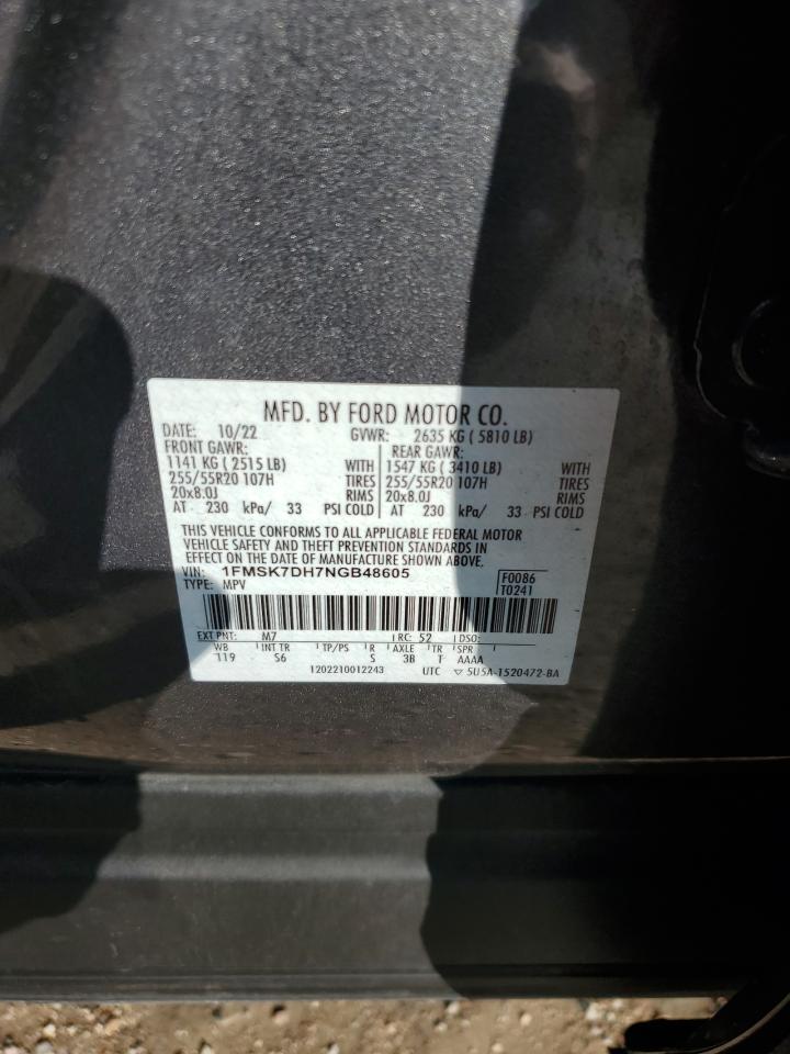 2022 FORD EXPLORER XLT VIN:1FMSK7DH7NGB48605