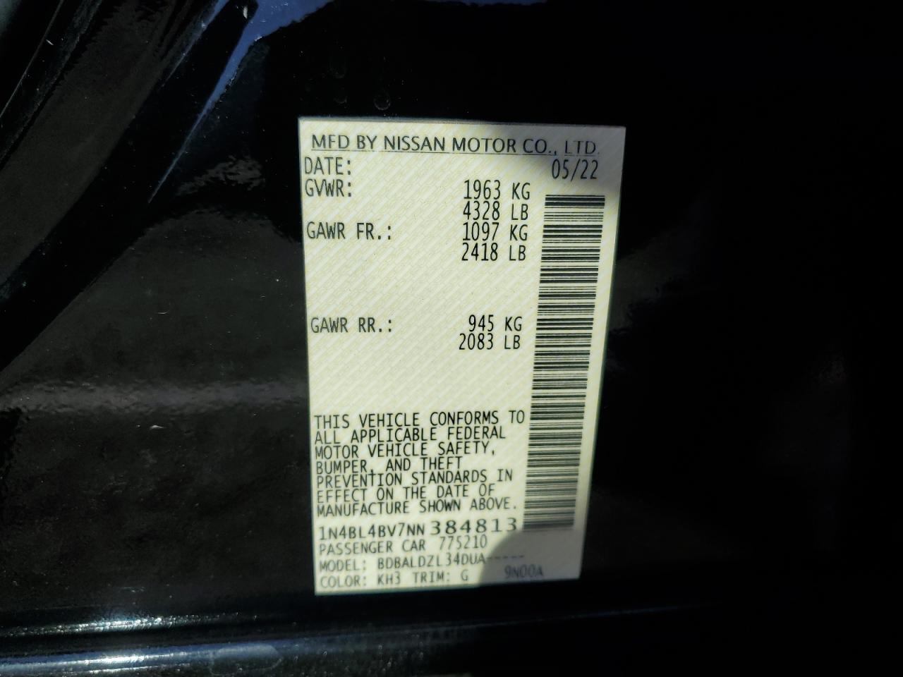 2022 NISSAN ALTIMA S VIN:1N4BL4BV7NN384813