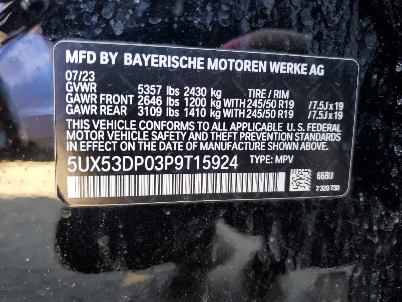 2023 BMW X3 XDRIVE30I VIN:5UX53DP03P9T15924