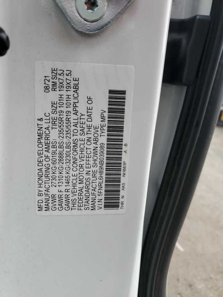 2022 HONDA ODYSSEY TOURING VIN:5FNRL6H89NB039089