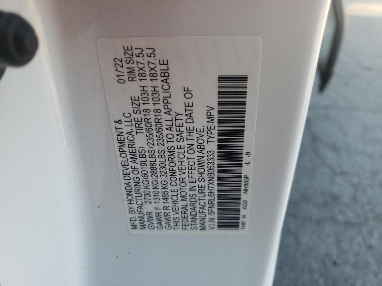 2022 HONDA ODYSSEY EXL VIN:5FNRL6H7XNB053333