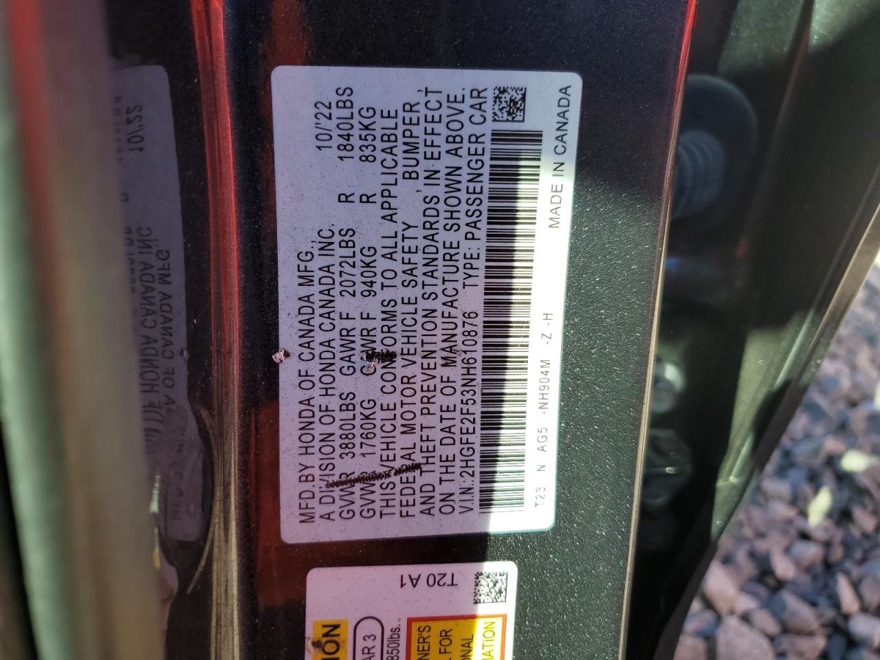2022 HONDA CIVIC SPORT VIN:2HGFE2F53NH610876