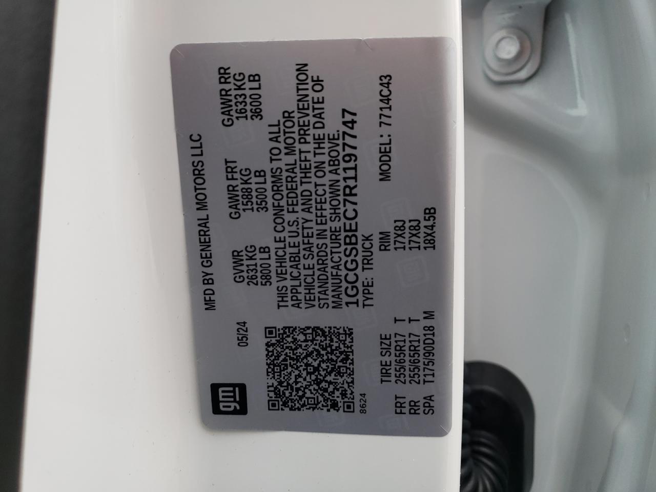 2024 CHEVROLET COLORADO  VIN:1GCGSBEC7R1197747