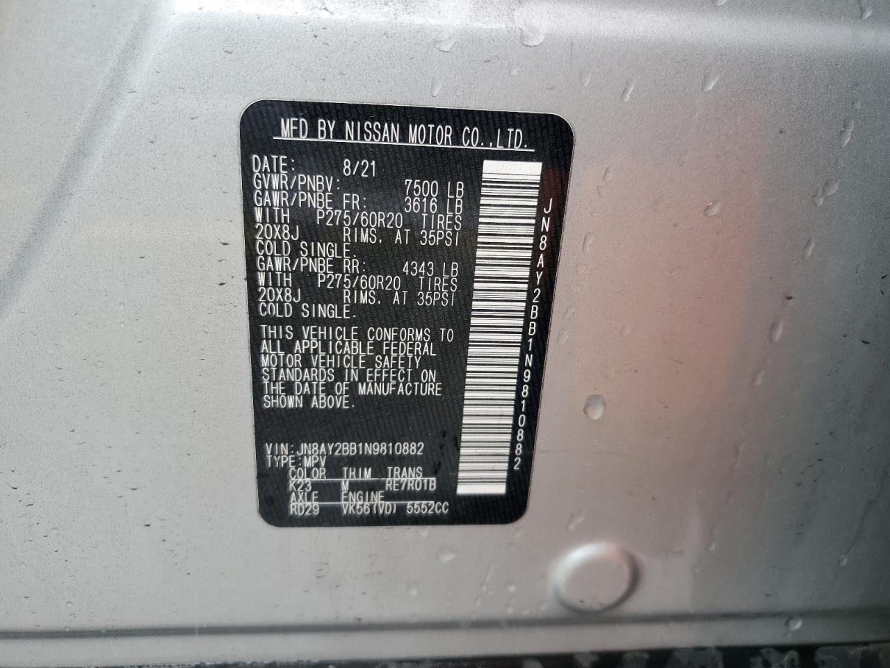 2022 NISSAN ARMADA SL VIN:JN8AY2BB1N9810882
