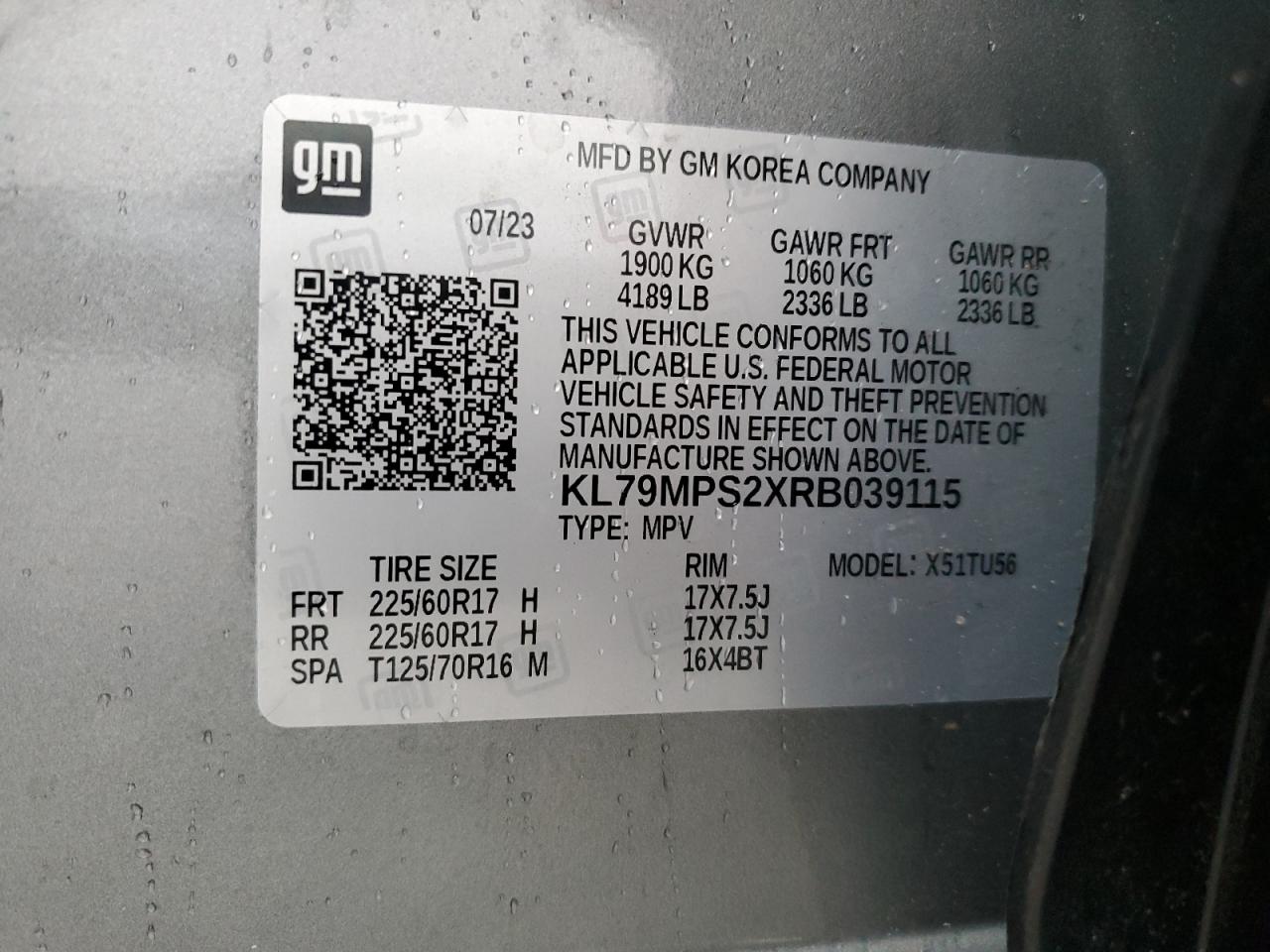 2024 CHEVROLET TRAILBLAZER LT VIN:KL79MPS2XRB039115