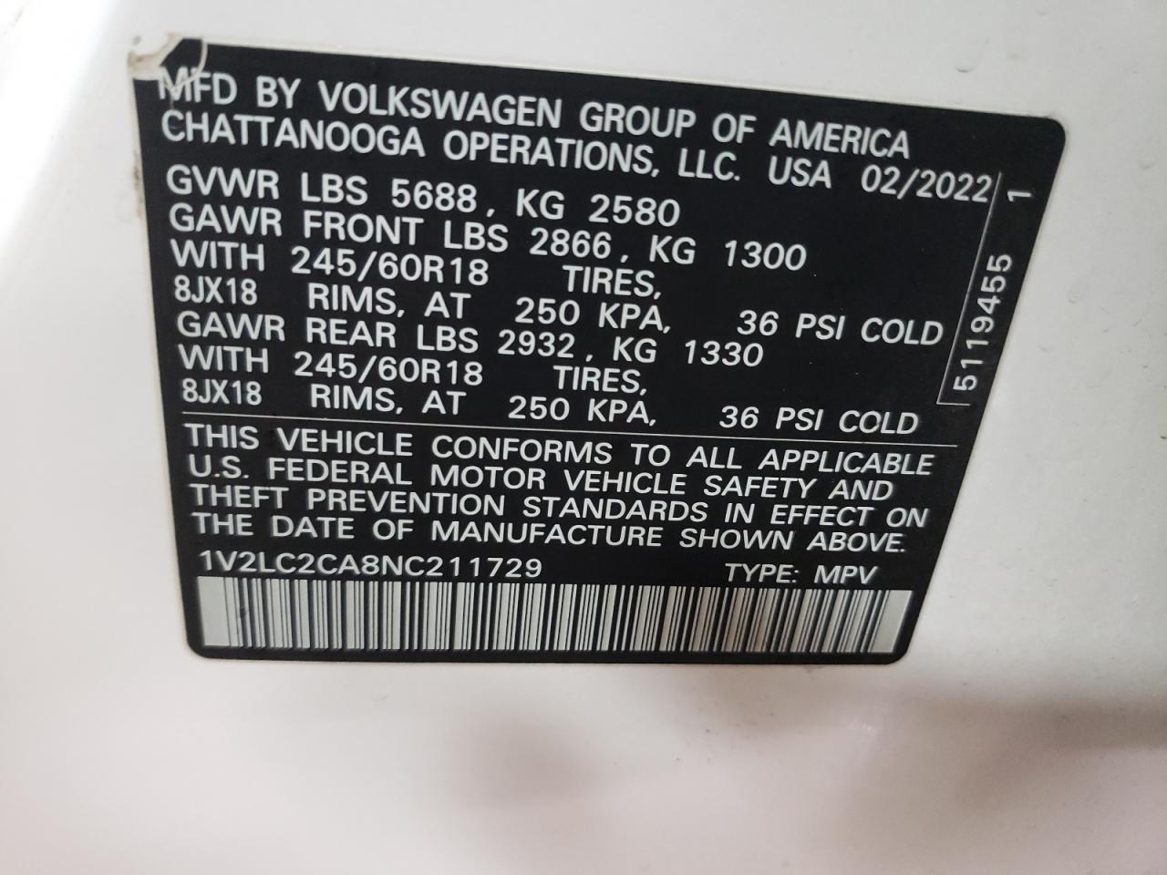 2022 VOLKSWAGEN ATLAS CROSS SPORT SE VIN:1V2LC2CA8NC211729