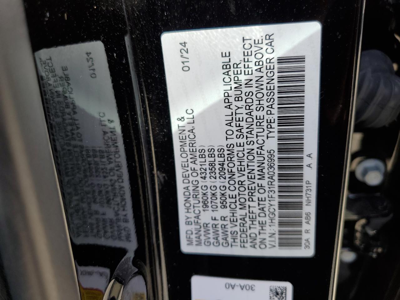 2024 HONDA ACCORD EX VIN:1HGCY1F31RA036995