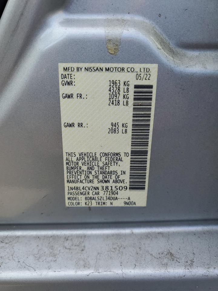 2022 NISSAN ALTIMA SR VIN:1N4BL4CV2NN381509