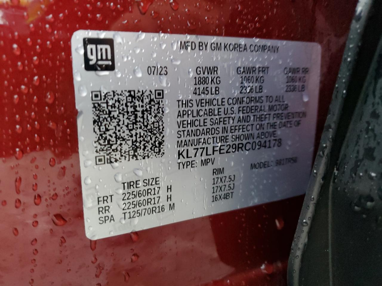 2024 CHEVROLET TRAX LS VIN:KL77LFE29RC094178