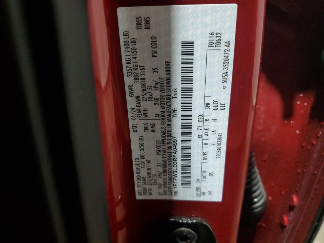 2024 FORD F150 XLT VIN:1FTFW3LD3RFA04997