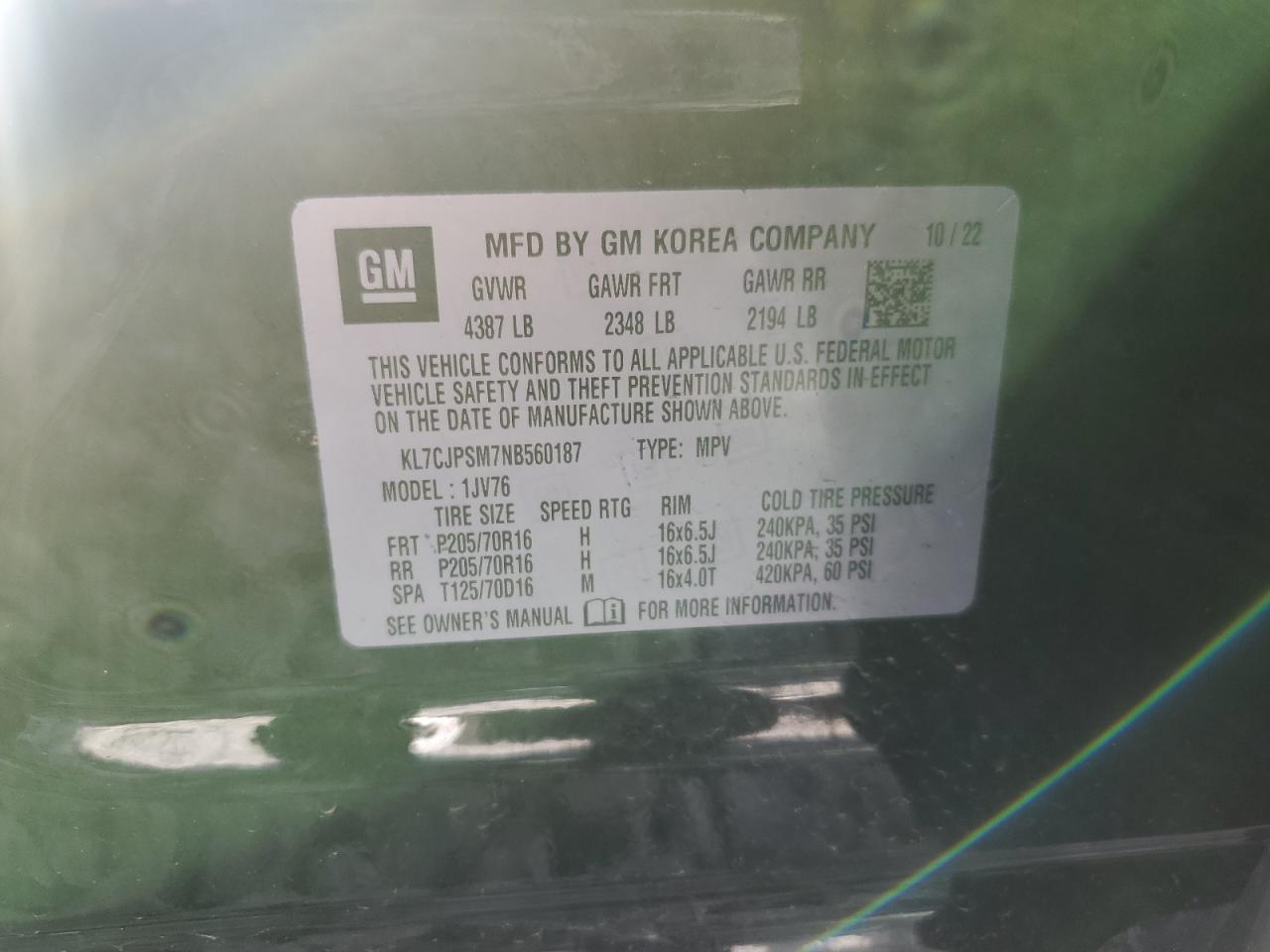 2022 CHEVROLET TRAX 1LT VIN:KL7CJPSM7NB560187