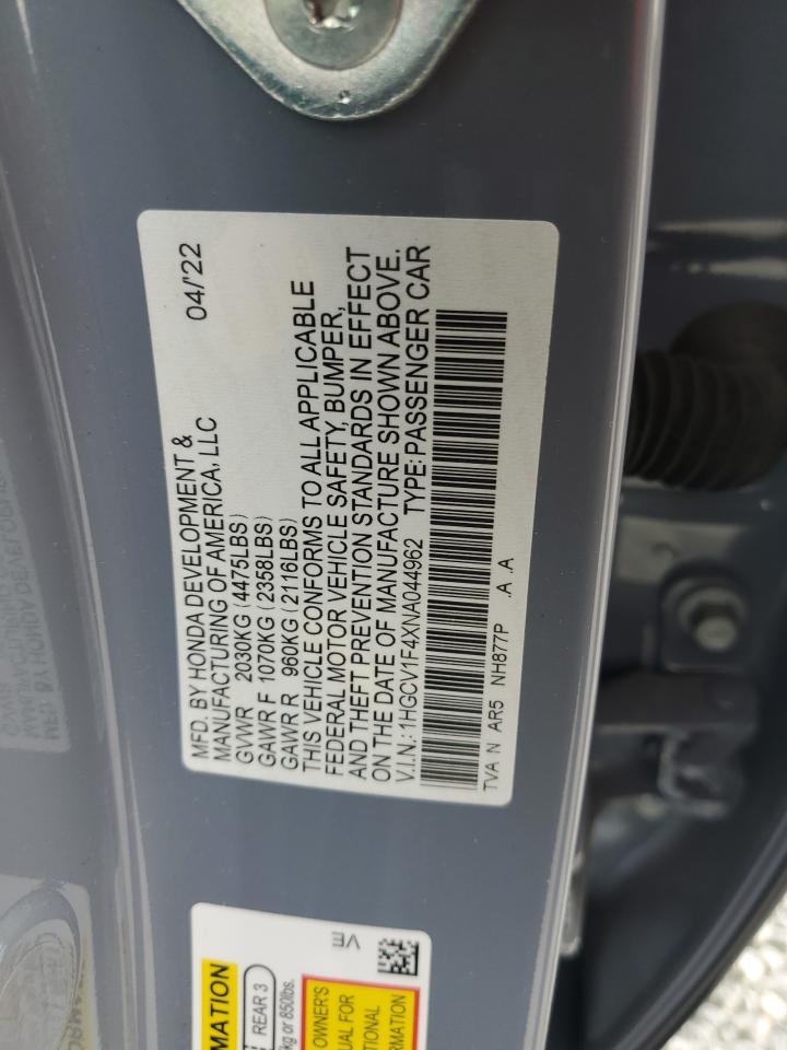 2022 HONDA ACCORD SPORT SE VIN:1HGCV1F4XNA044962