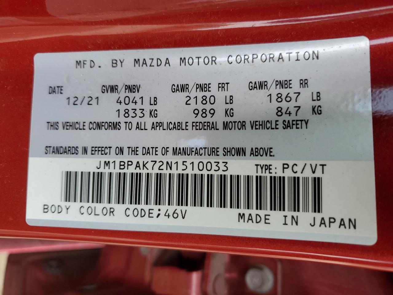 2022 MAZDA 3 SELECT VIN:JM1BPAK72N1510033