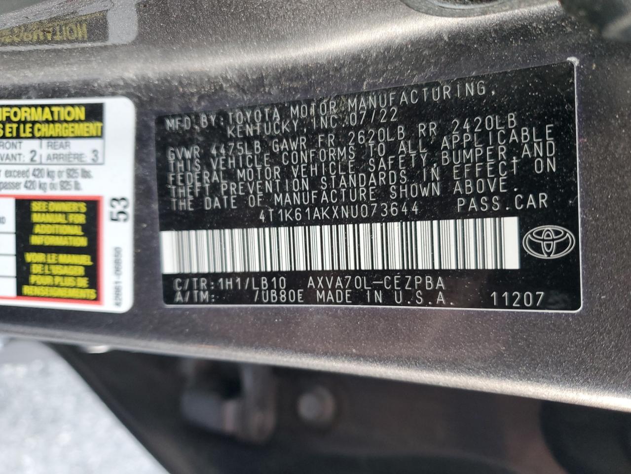 2022 TOYOTA CAMRY XSE VIN:4T1K61AKXNU073644