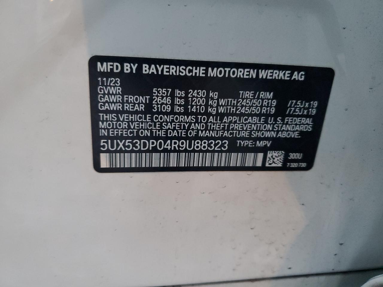 2024 BMW X3 XDRIVE30I VIN:5UX53DP04R9U88323