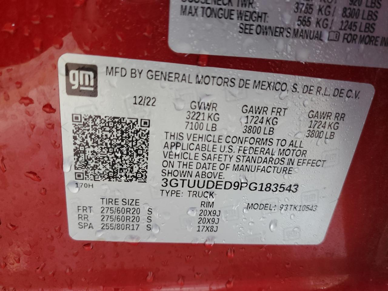 2023 GMC SIERRA K1500 SLT VIN:3GTUUDED9PG183543