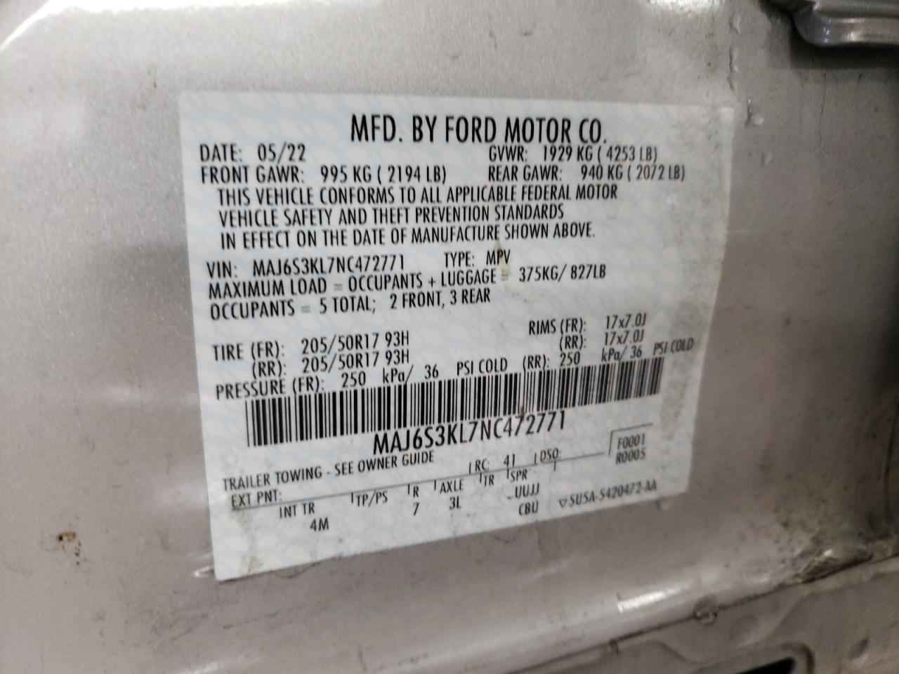 2022 FORD ECOSPORT TITANIUM VIN:MAJ6S3KL7NC472771