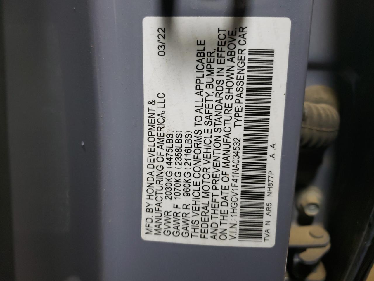 2022 HONDA ACCORD SPORT SE VIN:1HGCV1F41NA034532