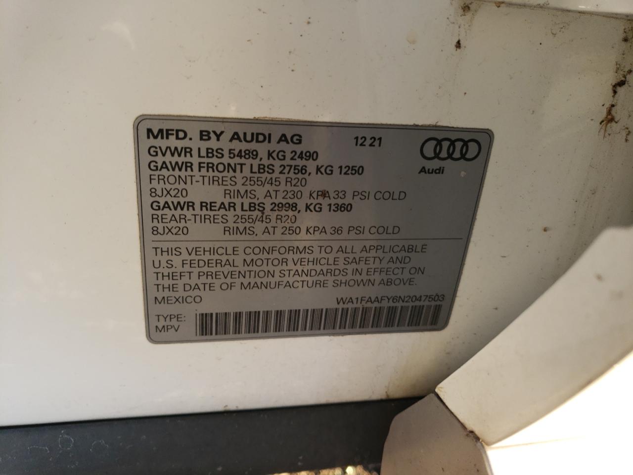 2022 AUDI Q5 PRESTIGE 45 VIN:WA1FAAFY6N2047503