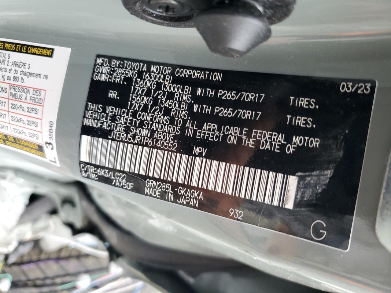 2023 TOYOTA 4RUNNER SE VIN:JTERU5JR1P6140552