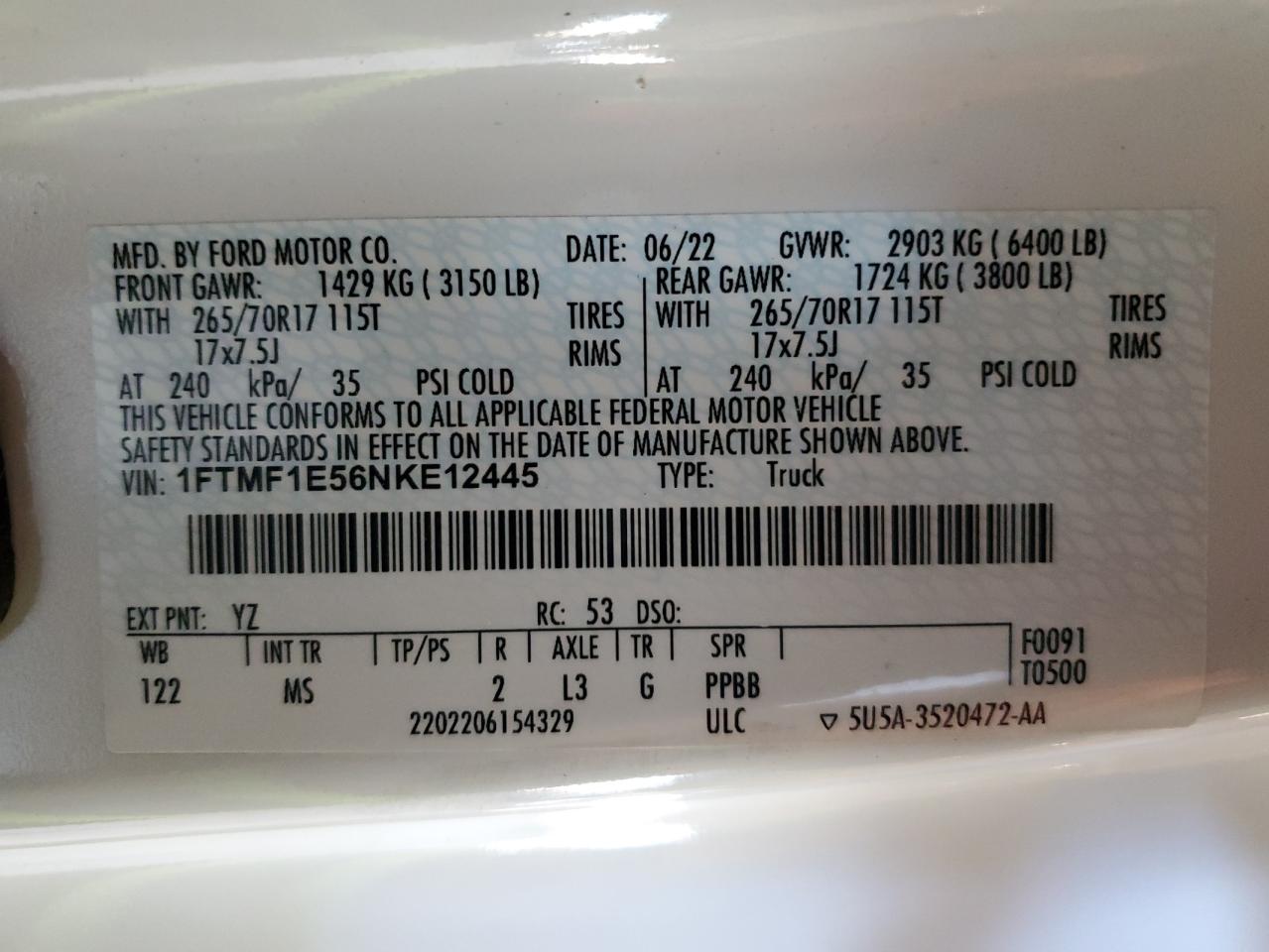 2022 FORD F150  VIN:1FTMF1E56NKE12445