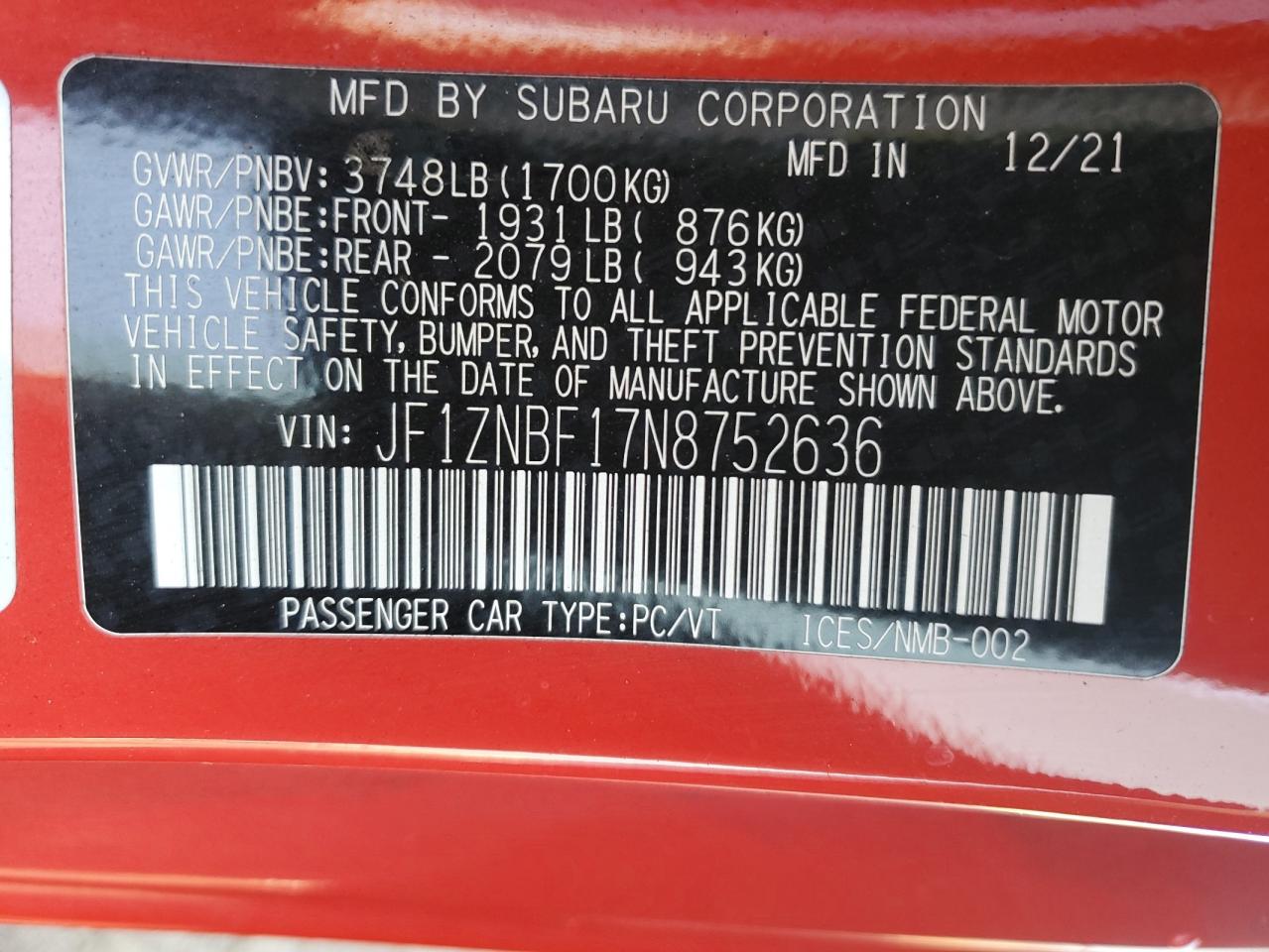 2022 TOYOTA GR 86 PREMIUM VIN:JF1ZNBF17N8752636