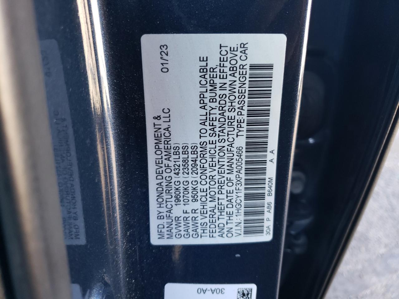 2023 HONDA ACCORD EX VIN:1HGCY1F3XPA005466