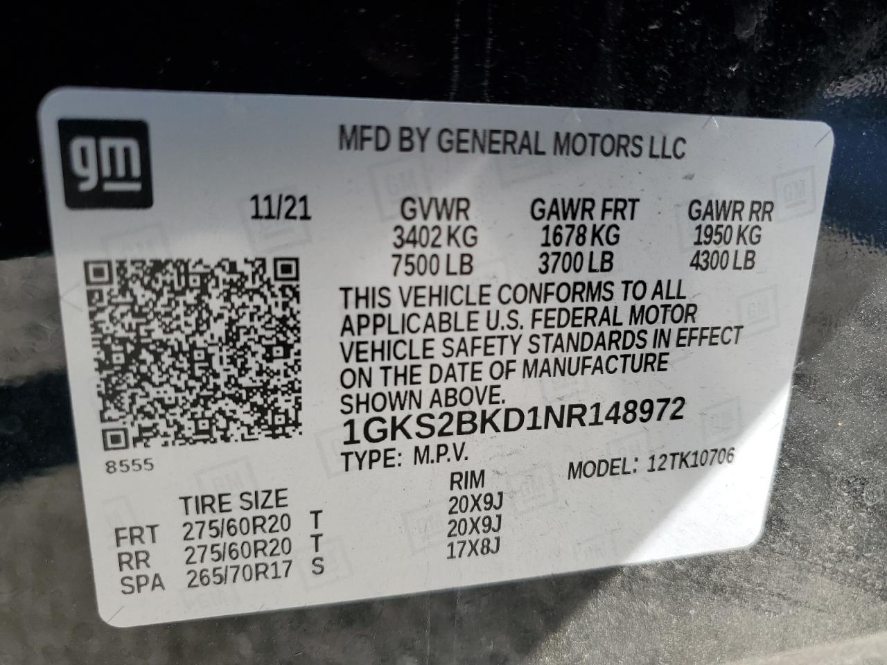 2022 GMC YUKON SLT VIN:1GKS2BKD1NR148972