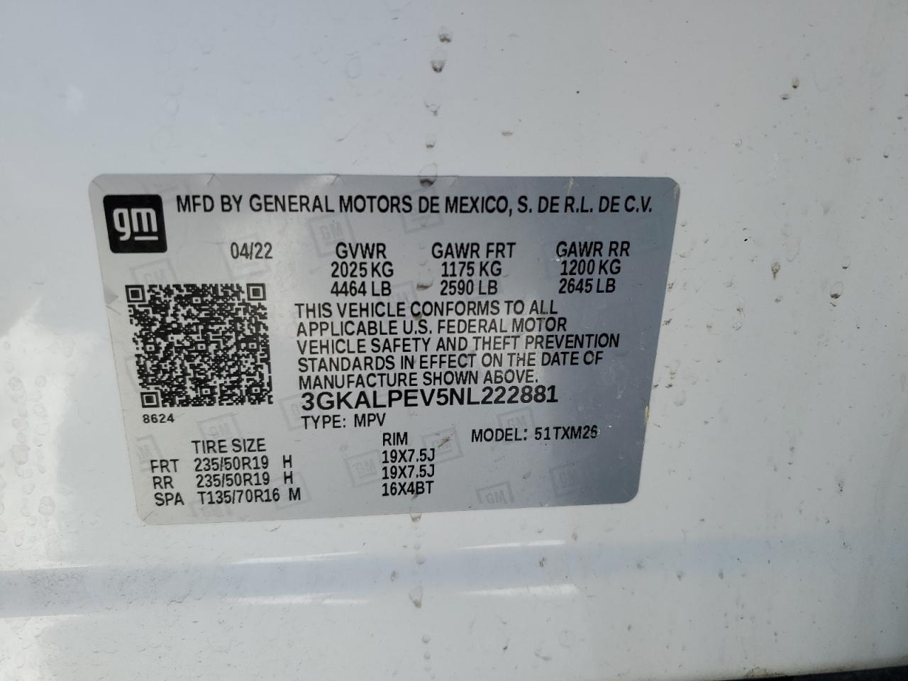 2022 GMC TERRAIN SLT VIN:3GKALPEV5NL222881