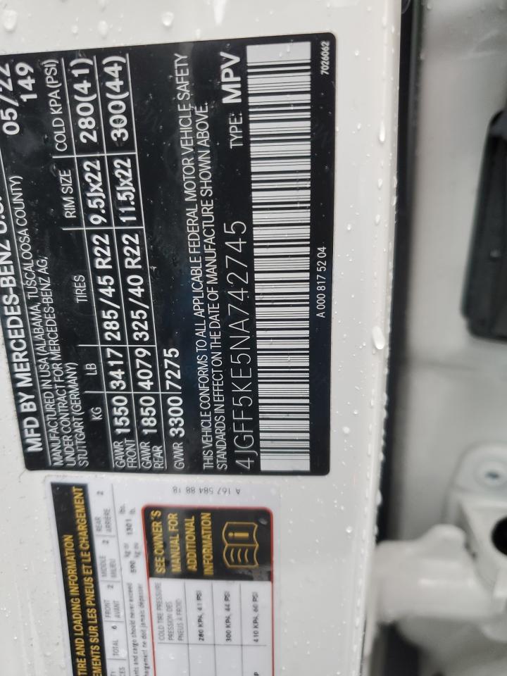 2022 MERCEDES-BENZ GLS 450 4MATIC VIN:4JGFF5KE5NA742745