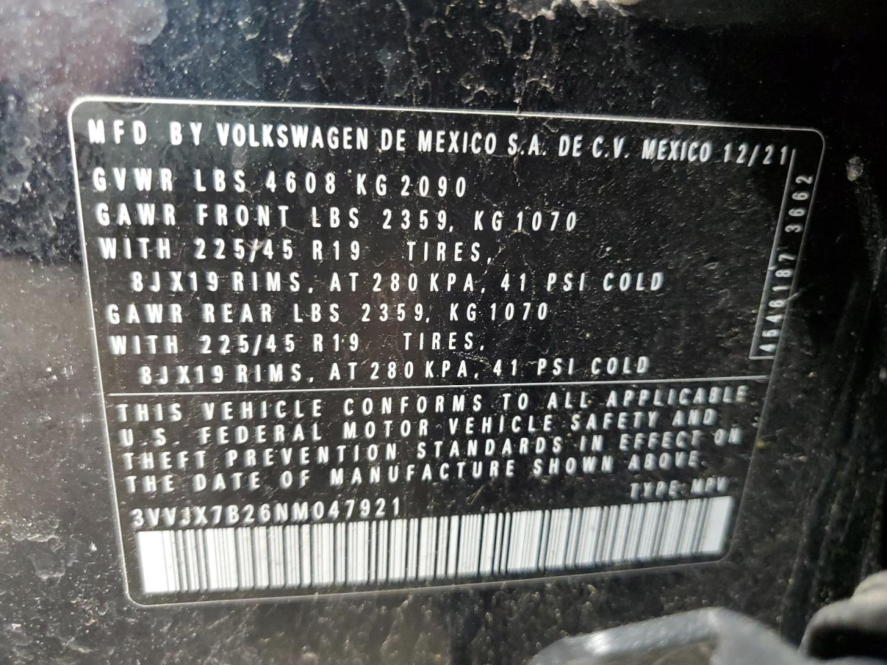 2022 VOLKSWAGEN TAOS SEL VIN:3VVJX7B26NM047921